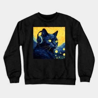 Starry Night Black Cat Wearing Headphones Crewneck Sweatshirt